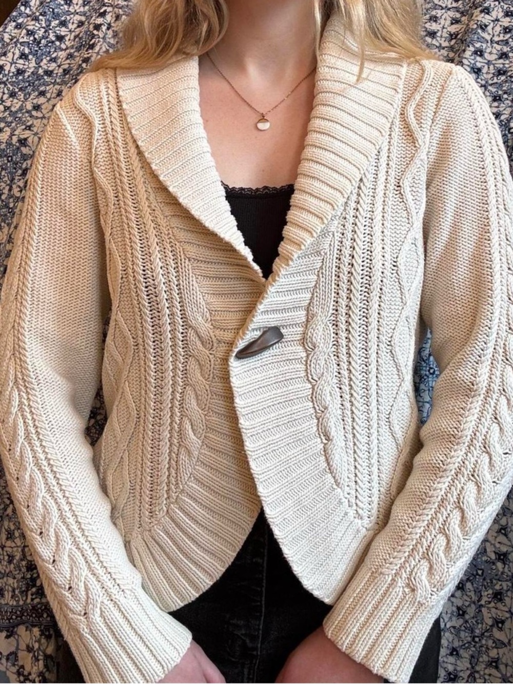 Eddie Bauer Cream Cable-Knit Shawl Collar Cardigan